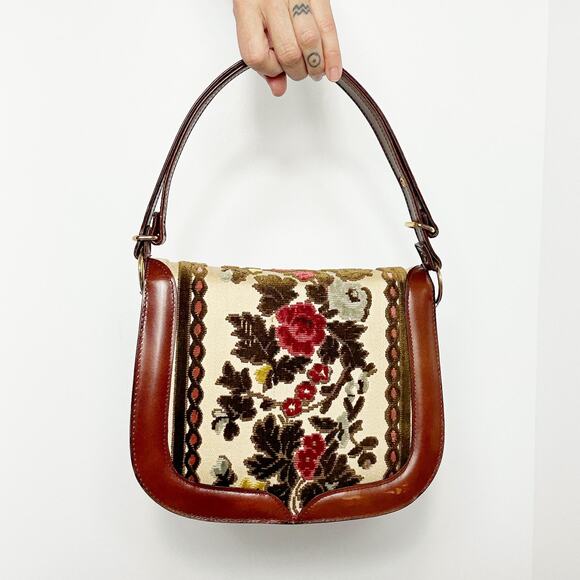 Vintage Tano of Madrid Leather + Velvet Tapestry Handbag/Shoulder Bag - Picture 3 of 10